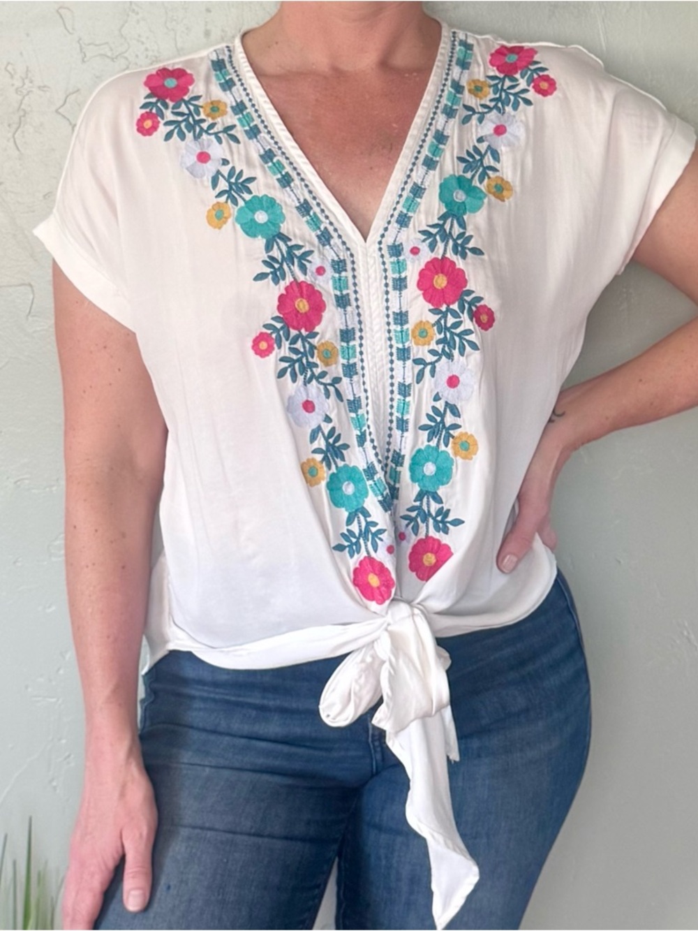 entro White Tie-Front V-Neck Top with Pink, Teal & Yellow Floral Embroidery